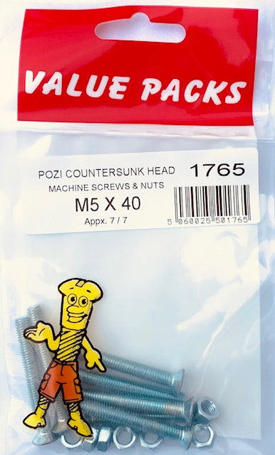 1765 - MSC5X40 - M5 x 40 Countersunk Machine Screws & Nuts Zinc - 8/PK | Quality Hardware