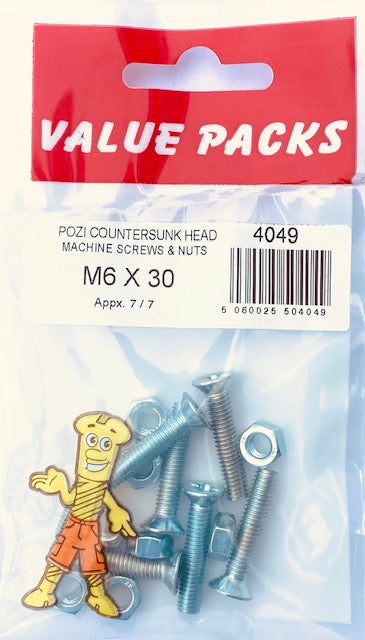 4049 Vis à métaux à tête fraisée et écrous M6 x 30 Zinc - 7/paq