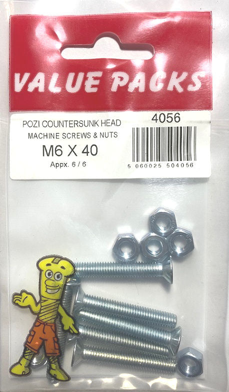 4056 - MSC6X40 - Vis mécaniques à tête fraisée et écrous M6 x 40 zingués - Paquet de 6.