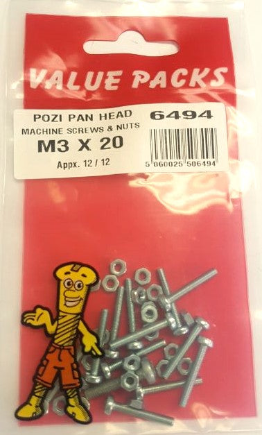 Vis à métaux et écrous Pozi à tête cylindrique M3 x 20 de haute qualité en zinc | Lot de 12