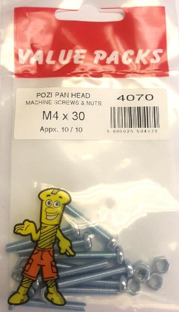 4070 M4 x 30 Pozi Pan Machine Screws & Nuts Zinc - 10/PK