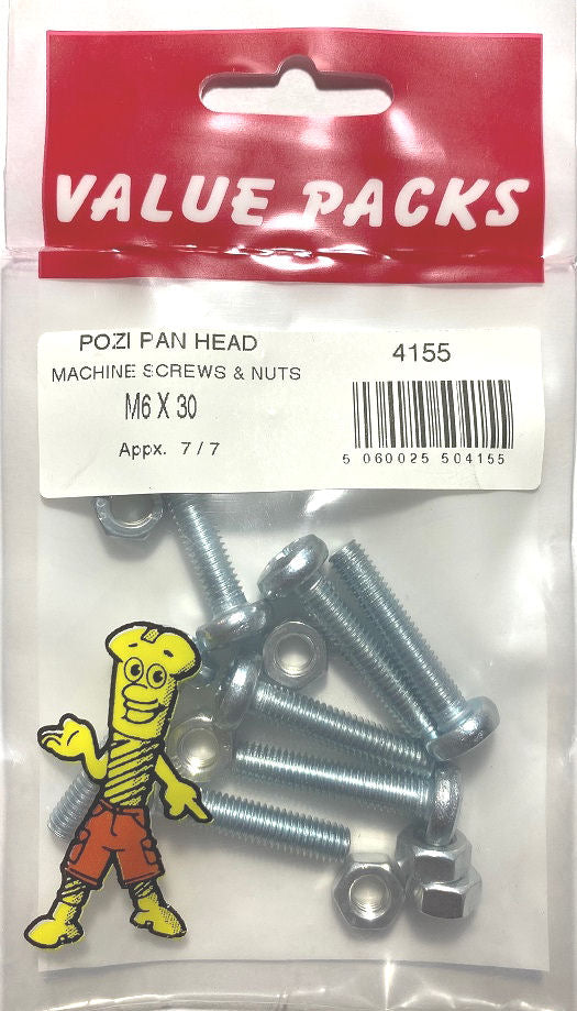 4155 Vis et écrous pour machines à tête bombée fendue Pozi M6 x 30 en zinc - 7/PK