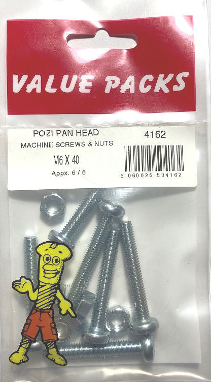 High-Quality M6 x 40 Pozi Pan Machine Screws & Nuts Zinc - 6/PK