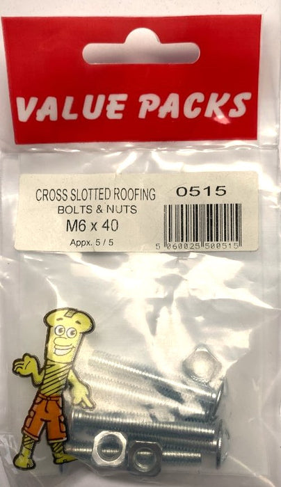 0515 - RBM6X40 Roofing Nuts & Bolts Zinc - Pack of 6