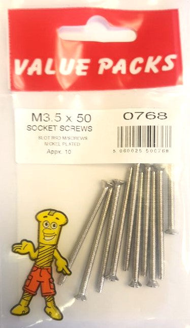 0768  M3.5 x 50 Socket Screws Slotted Nickel Plated - 10/PK