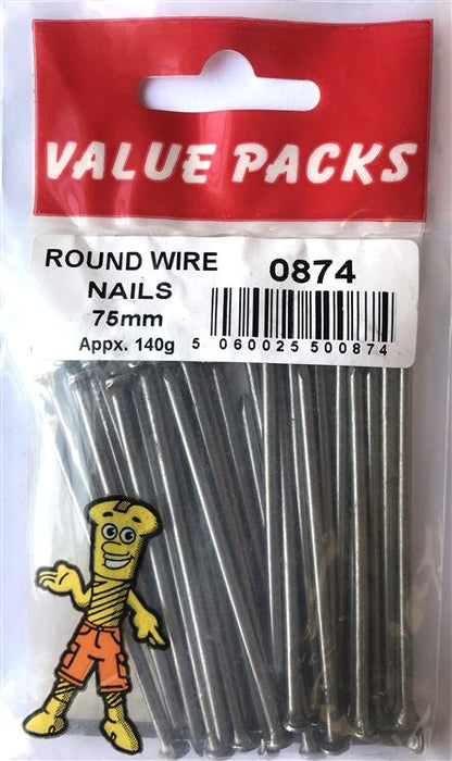 0874 NR75: 75mm Round Wire Nails Bright - 140g/PK | High-Quality Fasteners