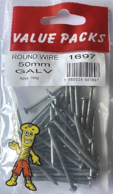 1697 - NRG50 Galvanised Round Wire Nails - 50mm - 100g/PK