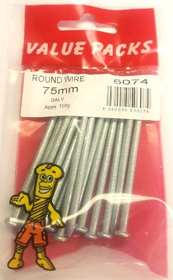 6074 - NRG75 - Clous ronds galvanisés de 75 mm - 100 g/paquet