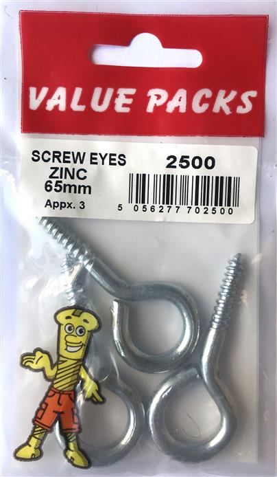 2500: SE65Z - 65mm Screw Eyes Zinc Plated - Pack of 3 | Secure Fastening Solutions