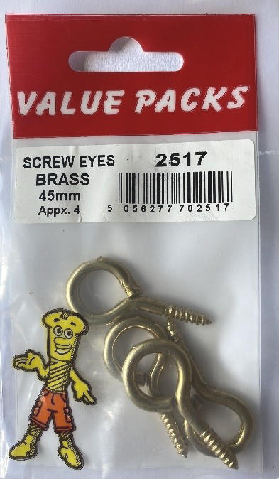 2517 SE45B: Brassed 45mm Screw Eyes - Pack of 4