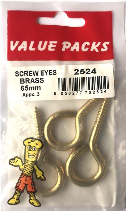 2524 SE65B 65mm Brassed Screw Eyes - Pack of 3