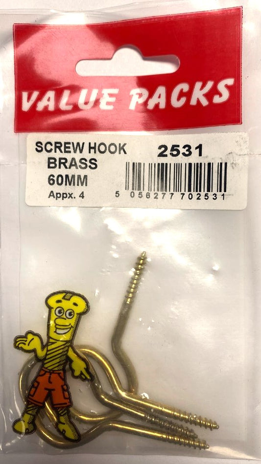 2531 SH60B Brassed 60mm Screw Hooks - 4/PK | Quality Hardware