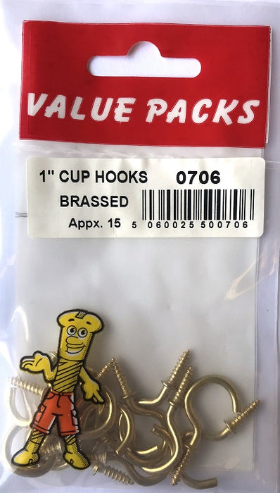 0706 CH100 1 Inch Brassed Cup Hooks - Pack of 15 for Organizing and Hanging