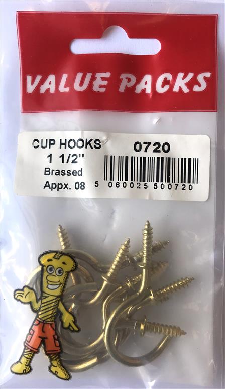 0720 - CH150: 1 1/2" Brassed Cup Hooks - Pack of 8 | Essential Hardware