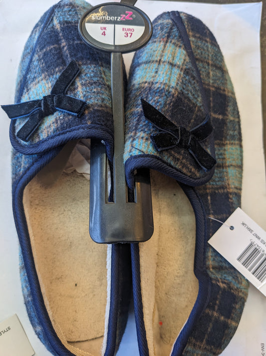 Ladies Velour Checked Easy Opening Slippers Blue 7