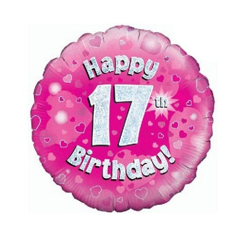 Oaktree Pink Happy 17th Birthday Holographic Round Foil Helium Balloon 46cm / 18in