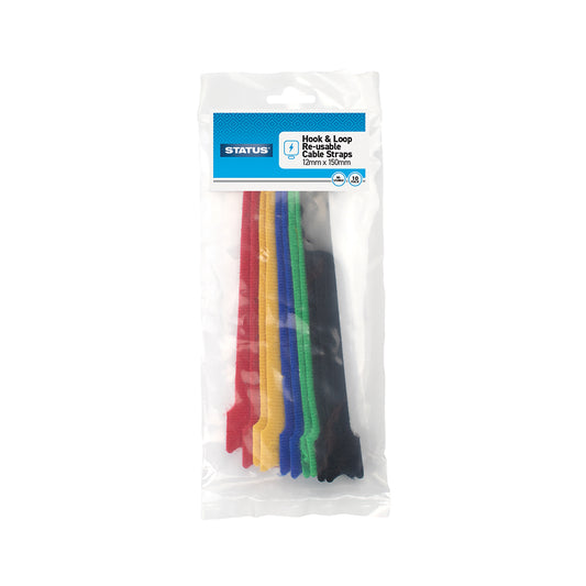 150mm - Mixed Colour - Hook & Loop Ties - Status - 10 pk