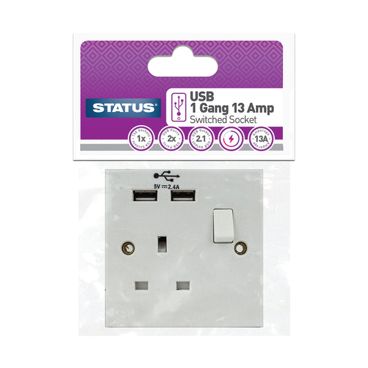 1 gang - 13 amp - 2 x USB Charging Port - Wall Socket - White -1 pk