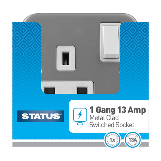 1 gang - 13 amp - Metal Clad - Wall Socket - Switched - 1 pk