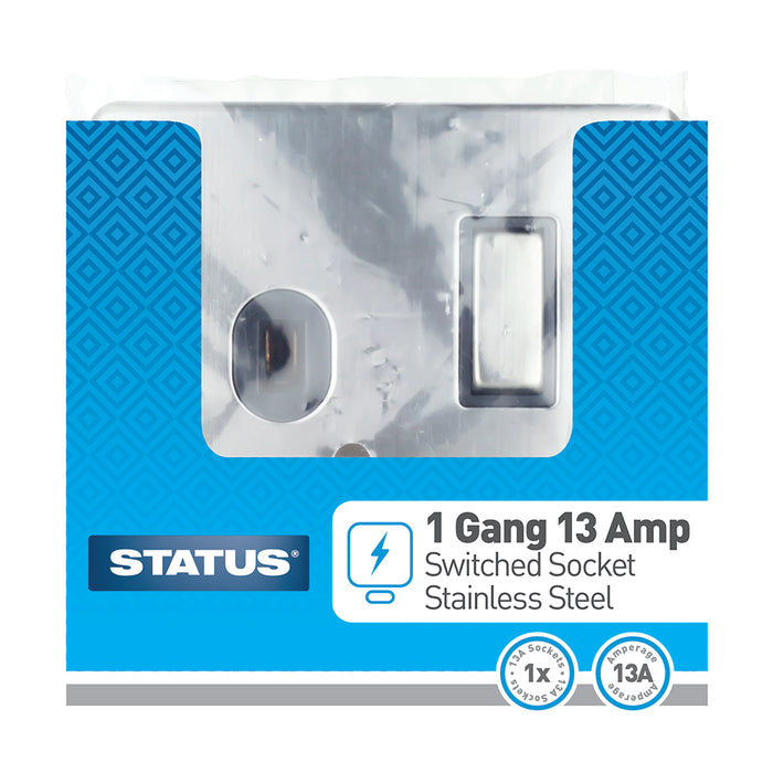 1 gang - 13 amp - Stainless Steel Screwless - Wall Socket - Switched - 1 pk