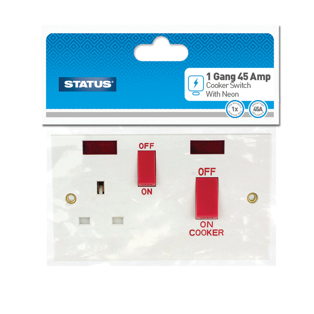 1 gang - 45 amp - Cooker Switch - 2 x neon - White