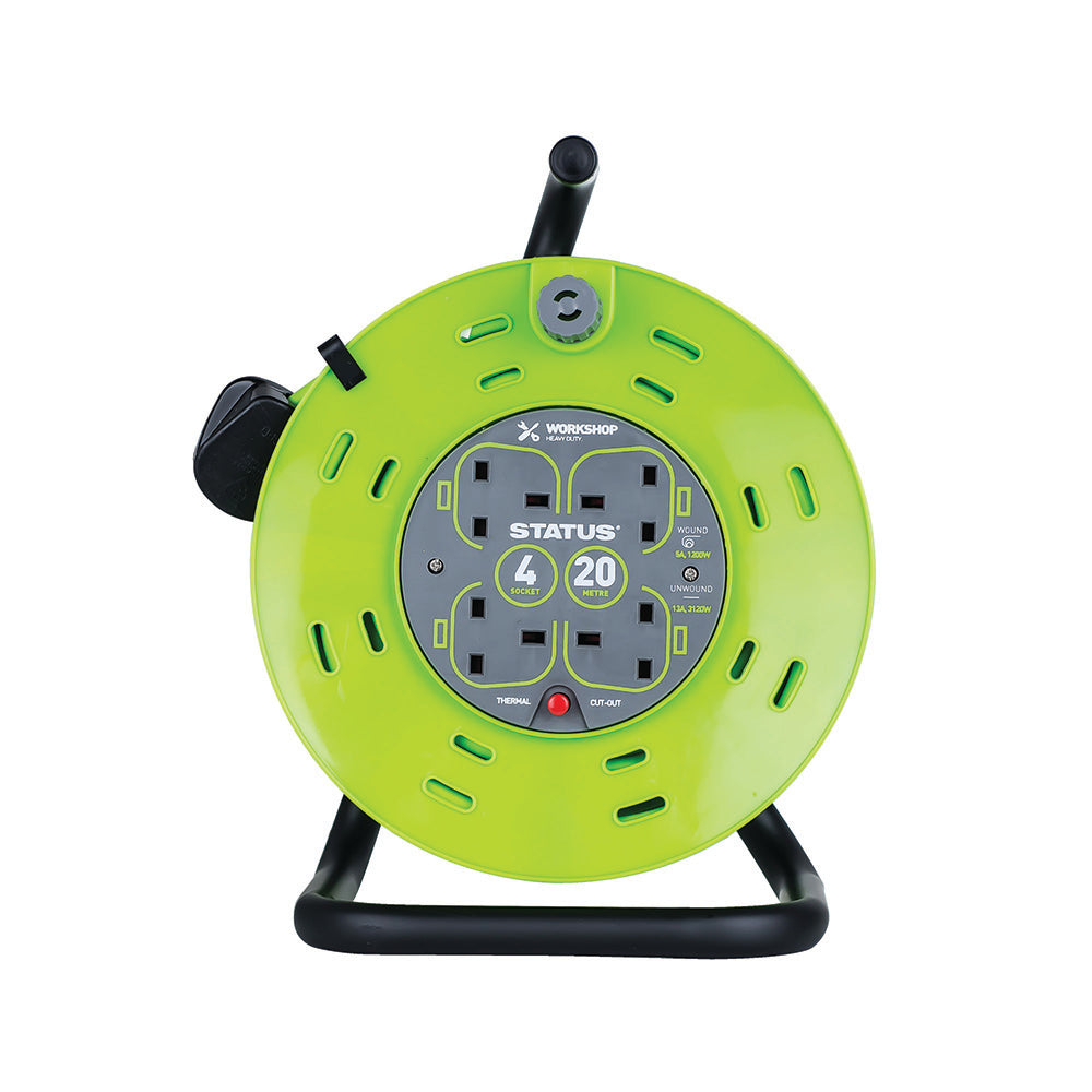 20 Mtr - 13 amp - "M Frame" - 4 Socket Outlet with Thermal Cut Out - Green -Cable Reel - 1 pk