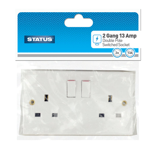 2 gang - 13 amp - Double Pole Wall Socket - Switched - White -1 pk