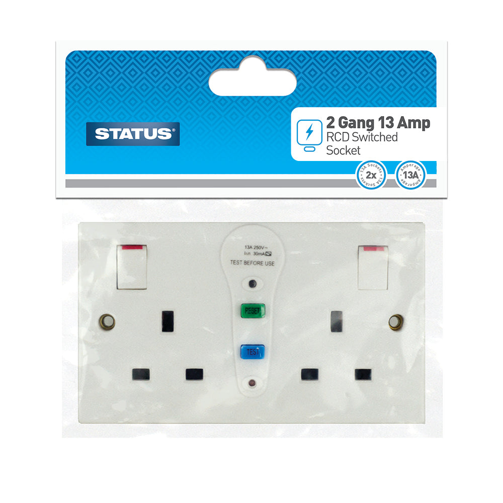 2 gang - 13 amp - RCD Wall Socket - Switched - White  1 pk