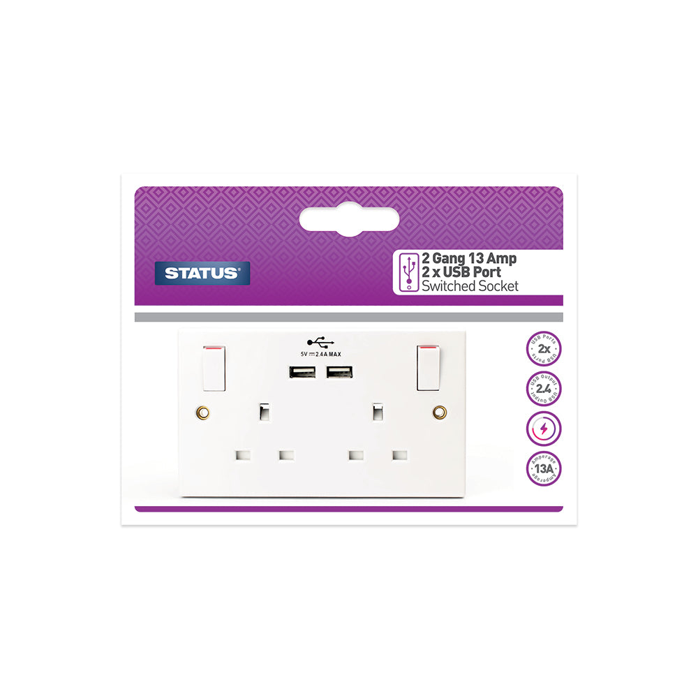 2 gang - 13 amp - 2 x USB Charging Port - Wall Socket - White -1 pk Box