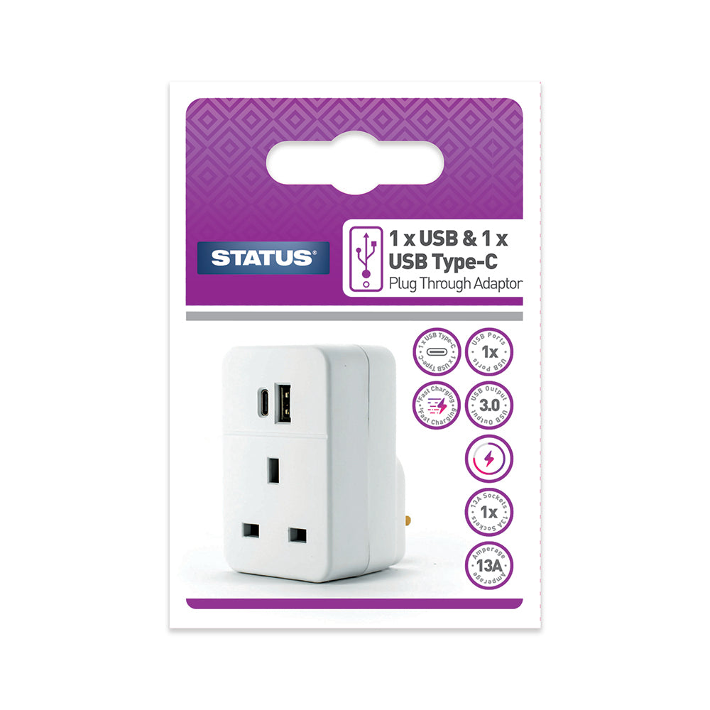 USB A + USB C Charging Port Power Adaptor - White -Plug Through - 1 pk - in a Hanging Box