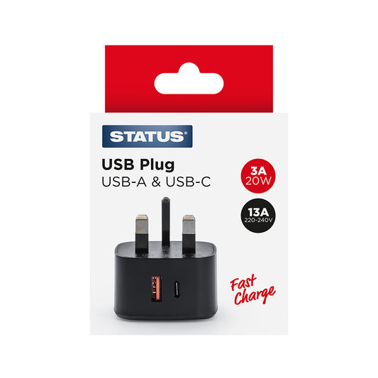 Adaptateur Secteur 20W avec Double Port de Charge Rapide USB-A et USB-C - Prise Noire