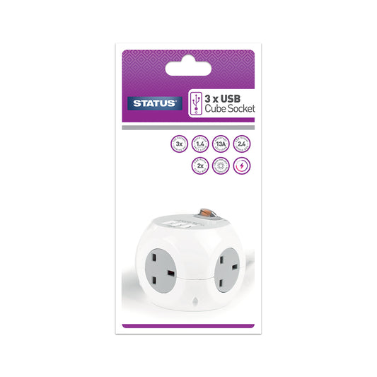 3 Way 1.4 Metre - Cube Socket with 3 x USB Ports - 1 pk