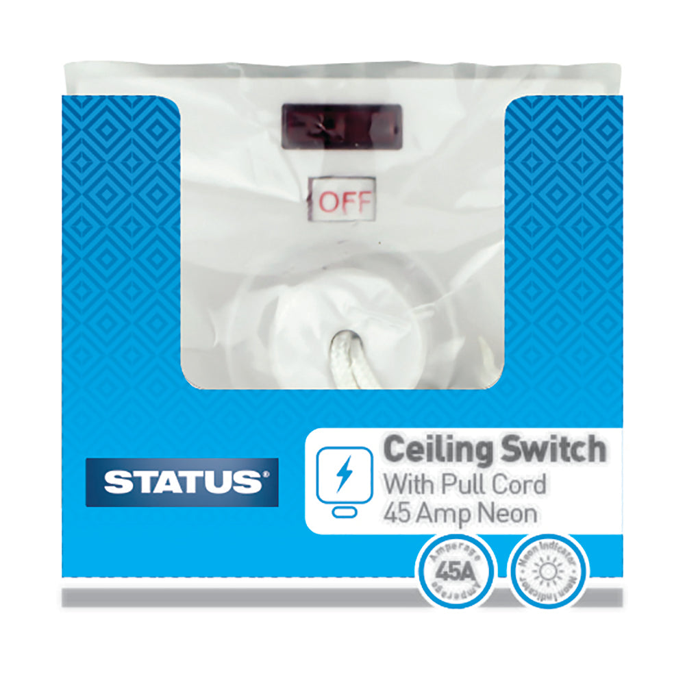45 amp - Ceiling Switch - Pull Cord - 2 way - White -1 pk