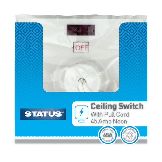 45 amp - Ceiling Switch - Pull Cord - 2 way - White -1 pk