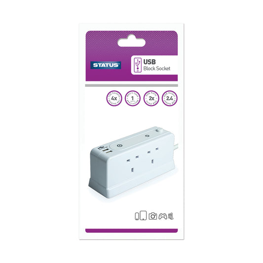Multiprise bloc 4 voies - 1 m - Blanche - 2 ports de charge USB - Parafoudre - Témoin lumineux - Fiche - 1 unité