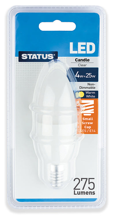 4w = 25w = 300 lumens - LED - Candle - SES - PA - Clear - Warm White - 1 pk