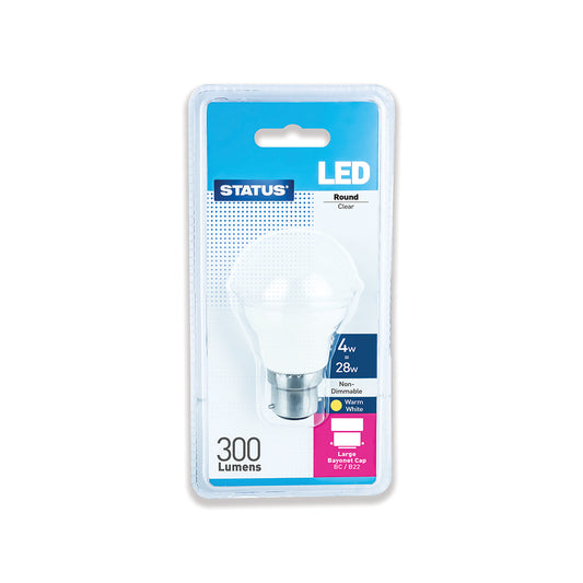4w = 28w = 300 lumens - LED - Round - BC - PA - Clear - Warm White - 1 pk
