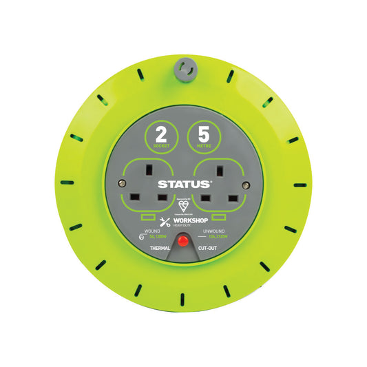 5 Mtr - 13 amp - 2 Socket Outlet with Thermal Cut Out - Green - Cassette Reel - 1 pk - in Colour