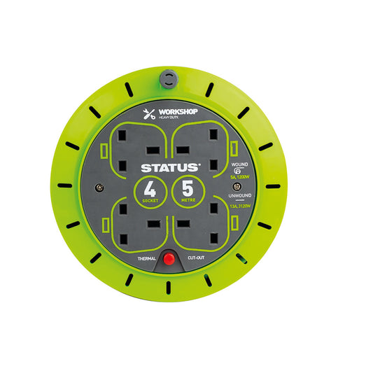 5 Mtr - 13 amp - 4 Socket Outlet with Thermal Cut Out - Green -Cassette Reel - 1 pk