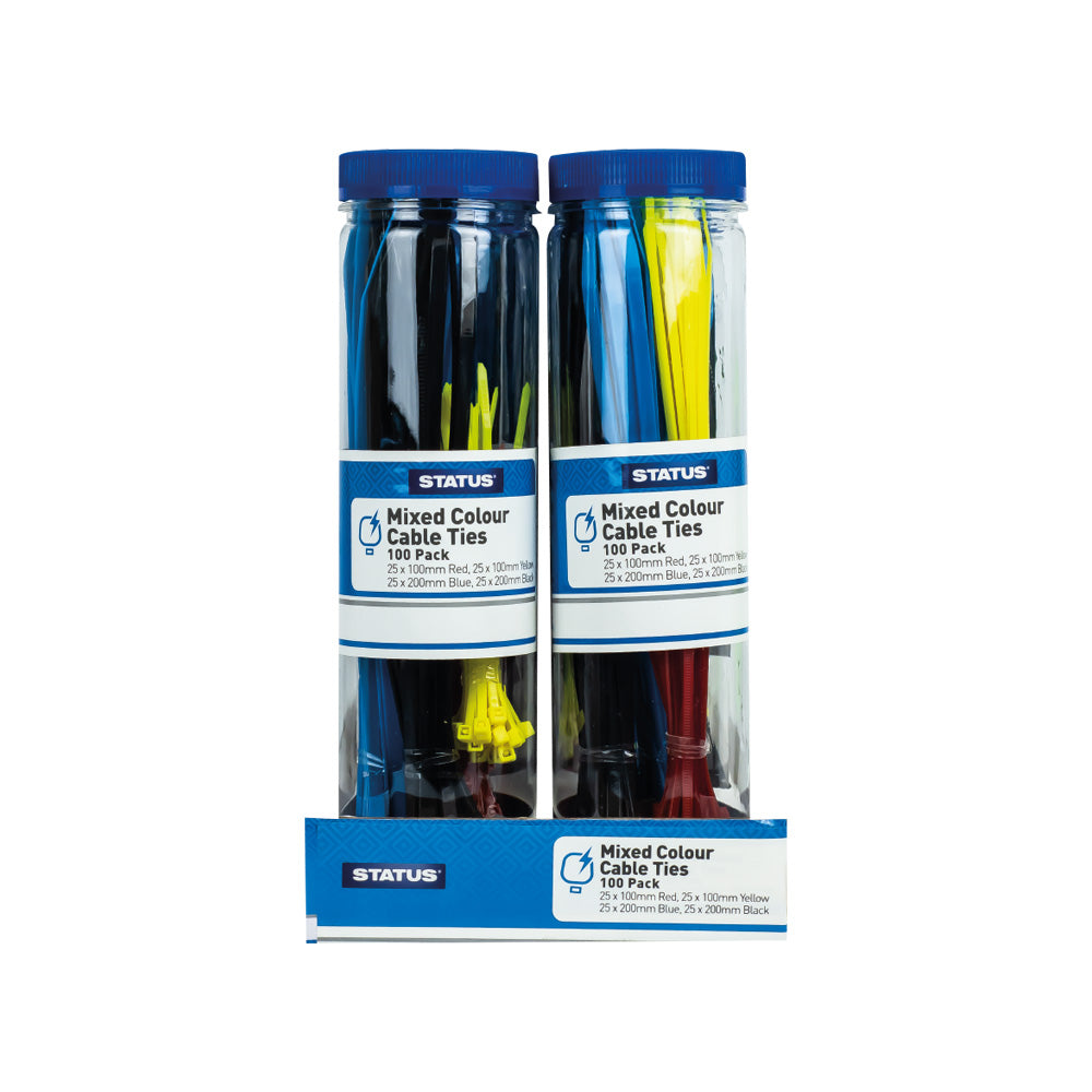 100 & 200mm - Mixed Colours (Red/Yellow/Blue/Black) - Cable Ties 100 pk - in Clear Tube