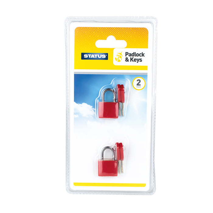 Travel Padlock - with Key - Brass with Plastic Coating - Red -  2 pk