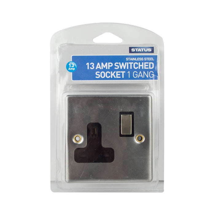 1 gang - 13 amp - Stainless Steel Screw Through - Wall Socket - Switched - 1 pk