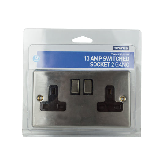 2 gang - 13 amp - Stainless Steel Screw Through - Wall Socket - Switched - 1 pk