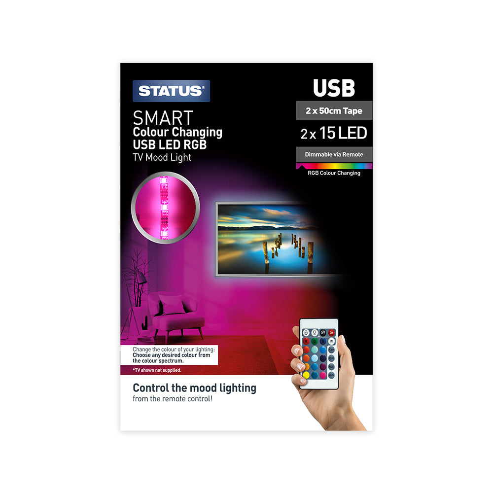 2 x 0.5 Mtr - LED TV Mood Light Tape - RGB Colour Changing - USB - Remote Control -1 pk glossy box