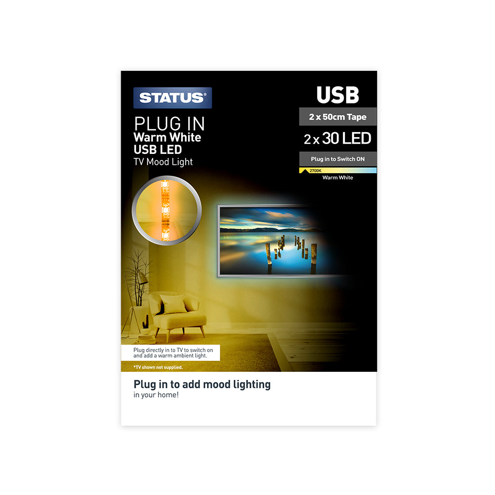 2 x 0.5 Mtr - LED TV Mood Light Tape - Warm White - USB -1 pk glossy box