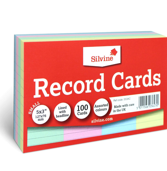 Silvine 6x4" Multi-Coloured Record Cards - Lined with Headline, 100 Cards