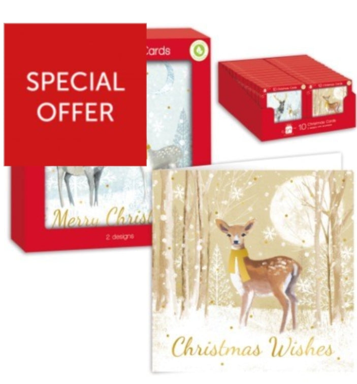 Xmas Card Watercolour Deer Print 10 Pack