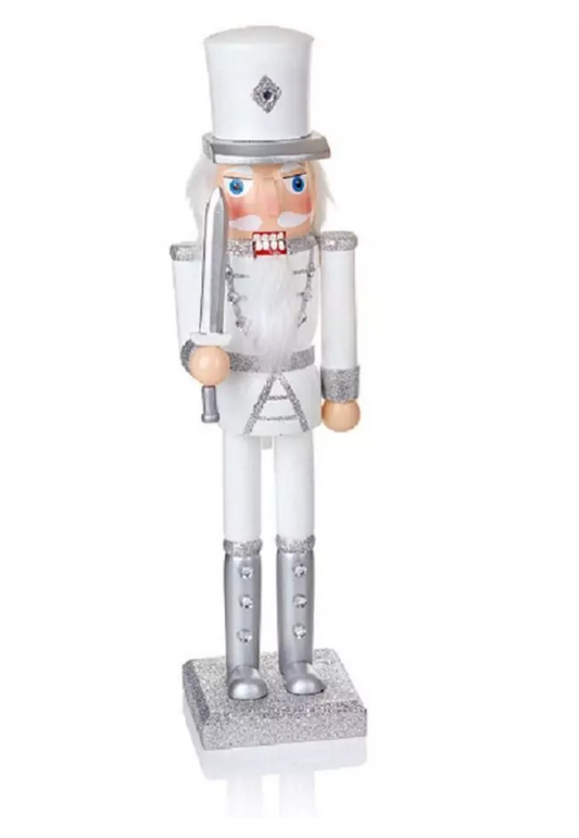 Soldat Casse-Noisette + Épée 38cm de Haut Blanc/Argent Décorations de Noël Premier