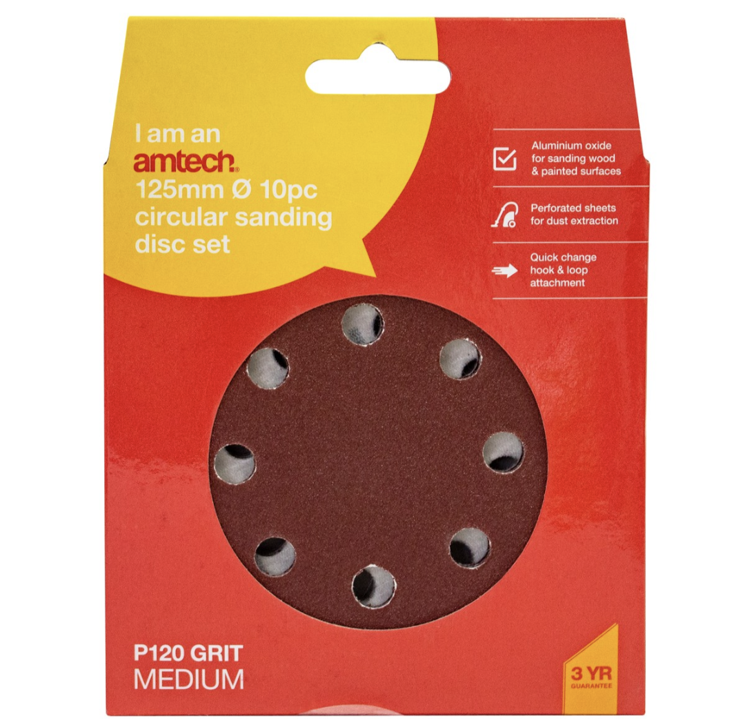 10 x P120 grit circular sanding sheets (125mm diameter)