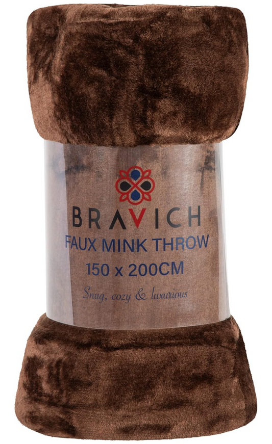 Jeté en fausse fourrure de vison douce Bravich - Chocolat. Grande couverture moelleuse double pour lit, canapé et jetés de literie. 150 x 200 cm